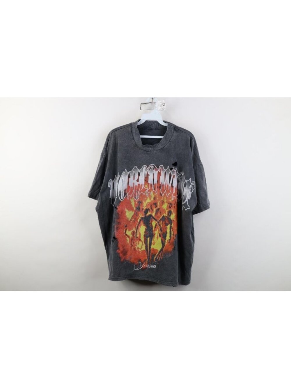 Vtg Y2K Streetwear Mens 2XL Worldwide Season Acid Wash Fire Flames Boxy T-Shirt